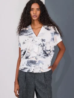 Abstract Boat Print - Blouse met V-hals en korte mouwen