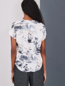 Abstract Boat Print - Blouse met V-hals en korte mouwen