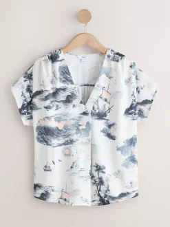 Abstract Boat Print - Blouse met V-hals en korte mouwen
