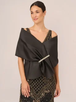 Adrianna Papell Mikado Embellished Wrap Black Poncho