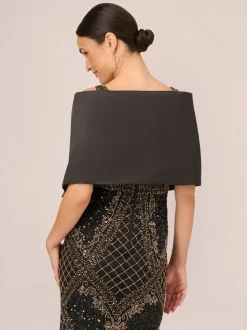 Adrianna Papell Mikado Embellished Wrap Black Poncho