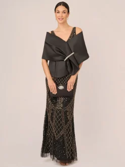 Adrianna Papell Mikado Embellished Wrap Black Poncho