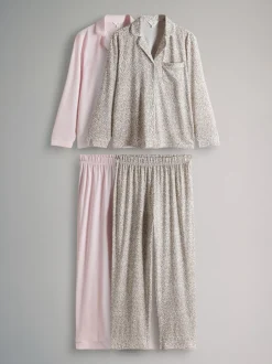 Animal/roze - The Set 2 Pack Polyester Viscose Blend Pyjama's met doorlopende knoopsluiting en bies