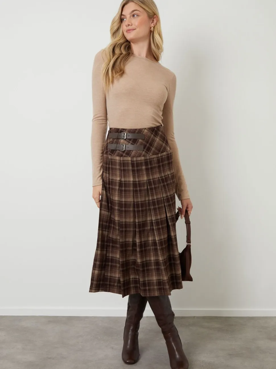 Another Sunday Check Buckle Detail Midi Dress