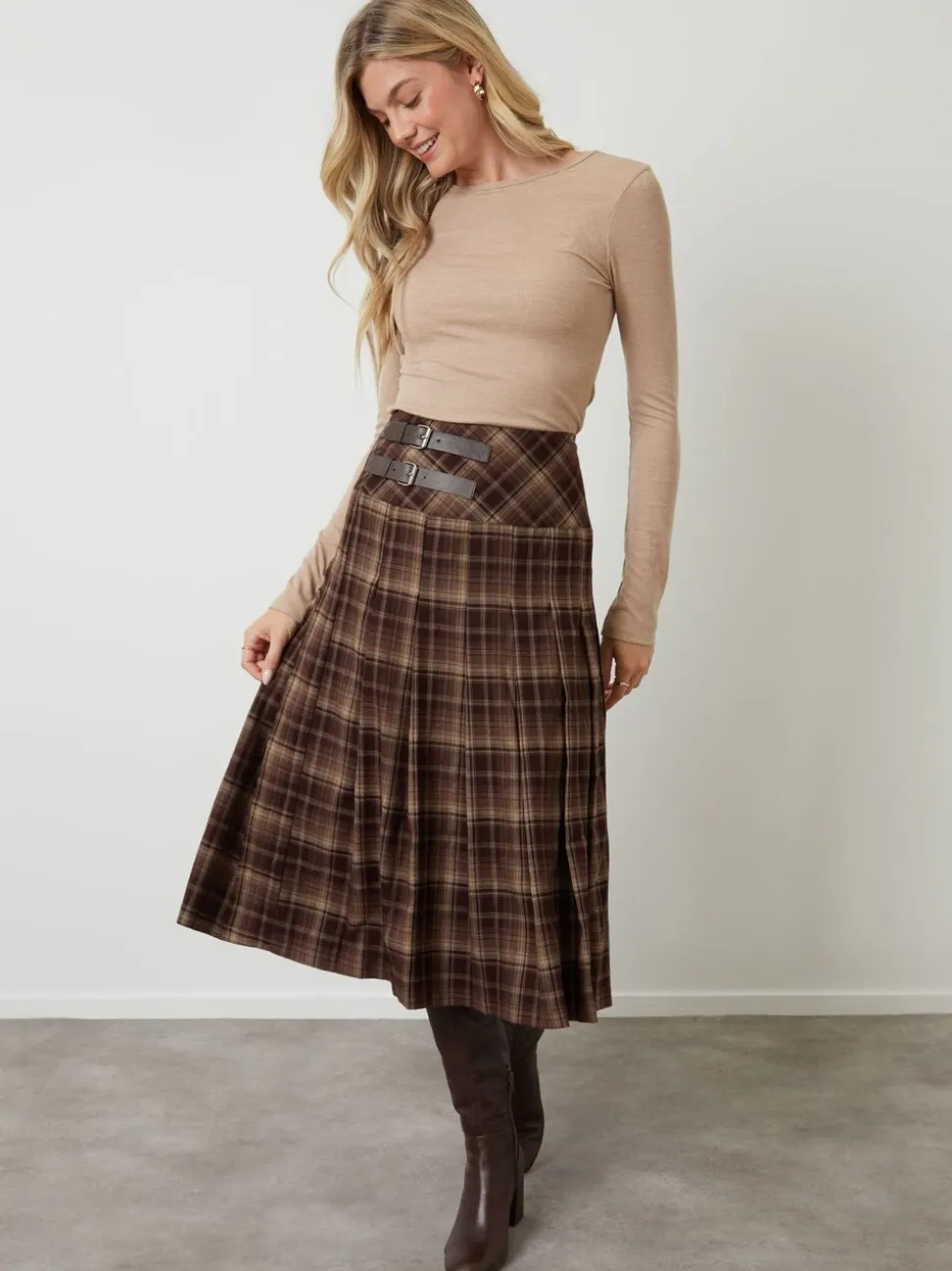 Another Sunday Check Buckle Detail Midi Dress