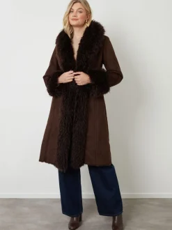 Another Sunday Faux Suede Fur Trim Coat