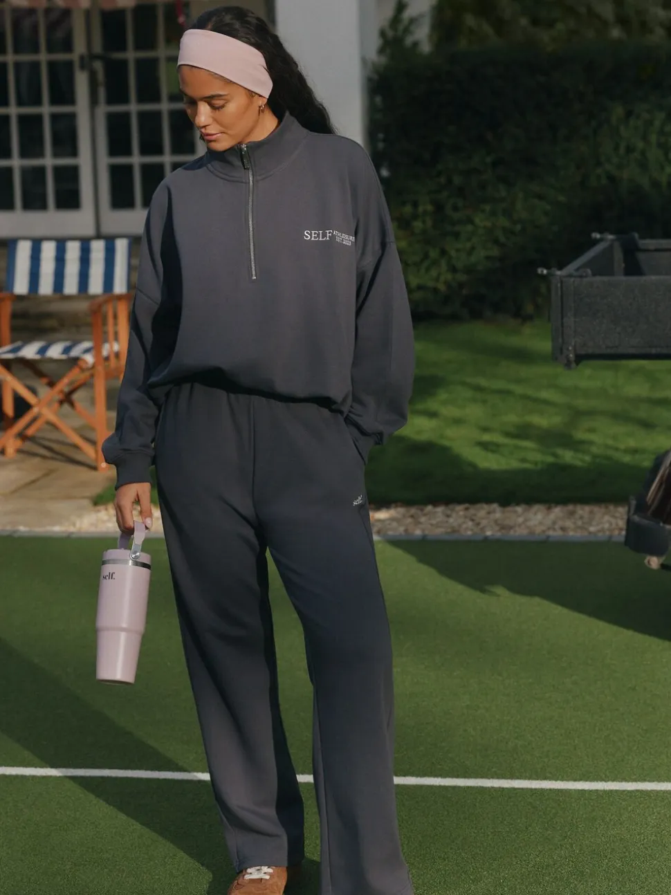 Antraciet - self. joggingbroek met wijde pijpen