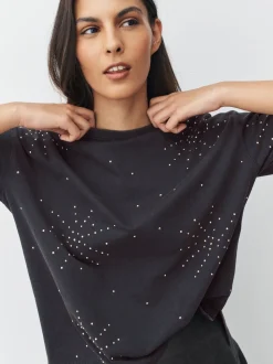 Antraciet - Studded Embellished Crew Neck T-Shirt