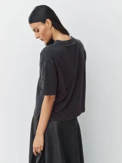 Antraciet - Studded Embellished Crew Neck T-Shirt