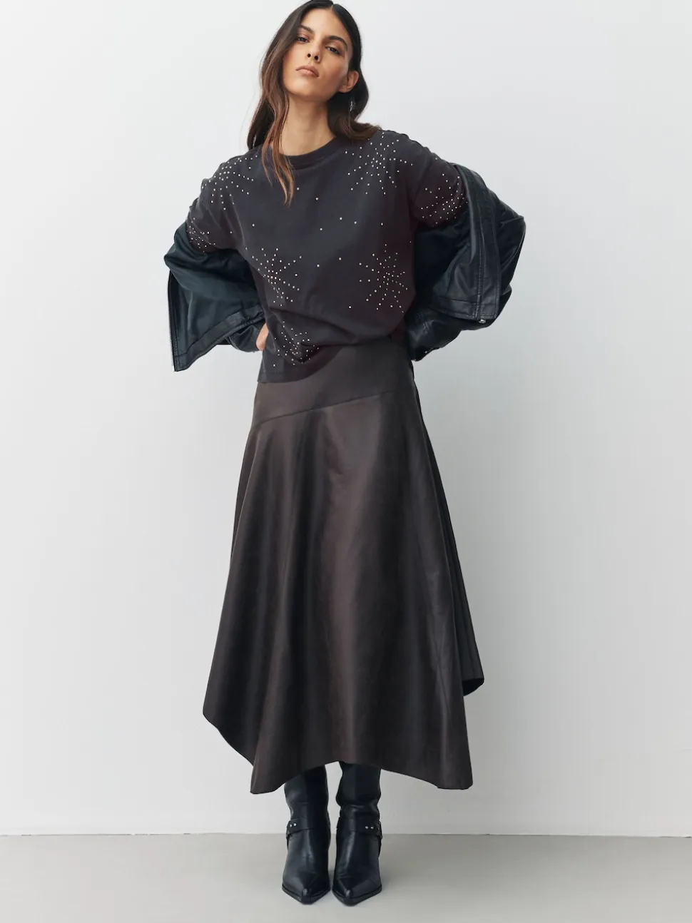 Antraciet - Studded Embellished Crew Neck T-Shirt