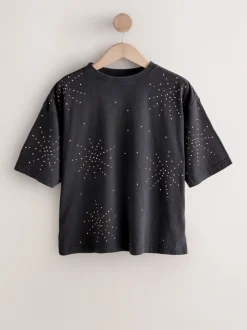 Antraciet - Studded Embellished Crew Neck T-Shirt