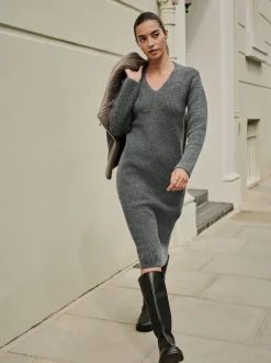 Antraciet - Super Soft V-Neck Midi Dress With Wool