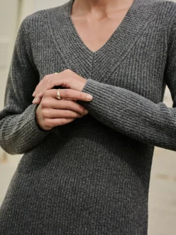 Antraciet - Super Soft V-Neck Midi Dress With Wool