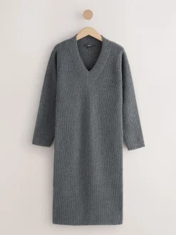 Antraciet - Super Soft V-Neck Midi Dress With Wool