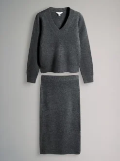 Antraciet - The Set Knitted Crew Neck Jumper and Skirt Co-Ord