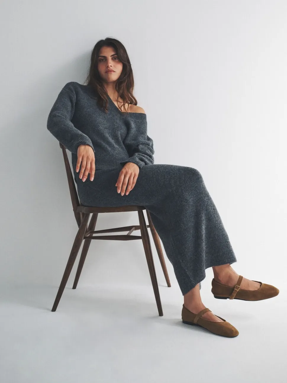 Antraciet - The Set Knitted Crew Neck Jumper and Skirt Co-Ord