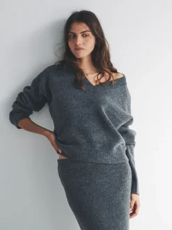 Antraciet - The Set Knitted Crew Neck Jumper and Skirt Co-Ord