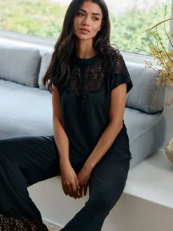B by Ted Baker Modal Lace Trim Black Pyjamas Set