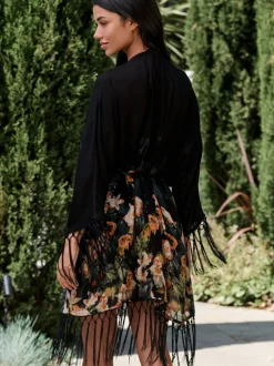 B by Ted Baker Viscose Tassel Kimono Black Koi Floral Cover-Up