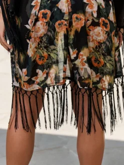 B by Ted Baker Viscose Tassel Kimono Black Koi Floral Cover-Up