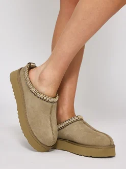 Beige - Loungeable Platform Real Sheepskin Lined Braided Mules