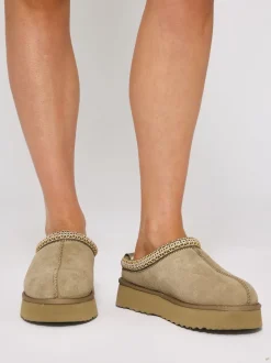 Beige - Loungeable Platform Real Sheepskin Lined Braided Mules
