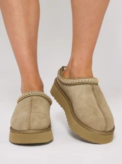 Beige - Loungeable Platform Real Sheepskin Lined Braided Mules