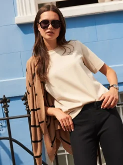 Beigebruin-crème - Dik T-shirt met ronde hals en korte mouwen