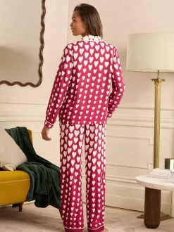 Berry Red and Ivory Heart Print - Love & Roses Button Down Pyjamas Set