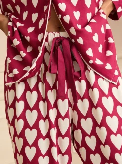 Berry Red and Ivory Heart Print - Love & Roses Button Down Pyjamas Set