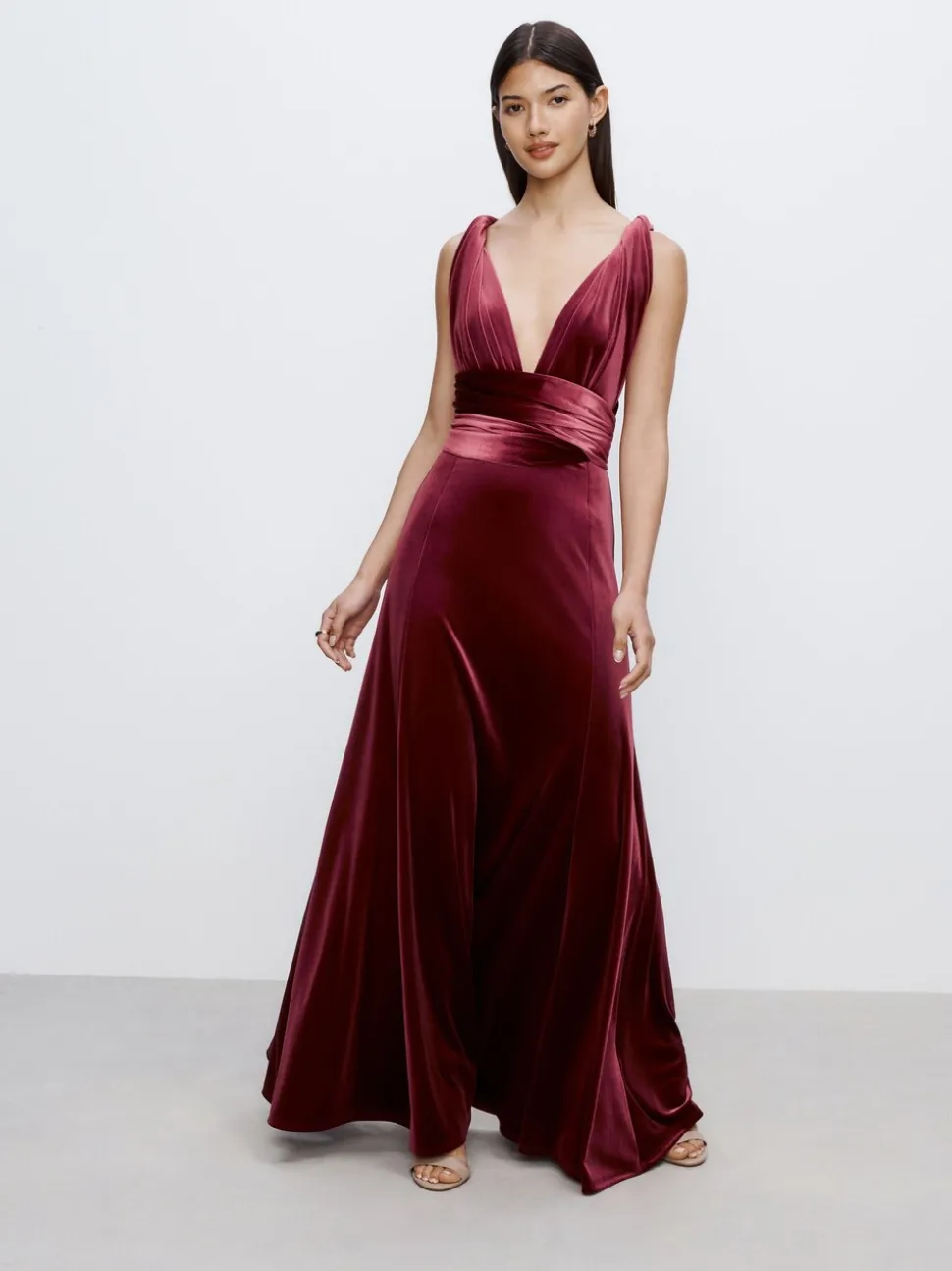 Bessenrood - Fluwelen multiway maxi-jurk voor bruidsmeisjes