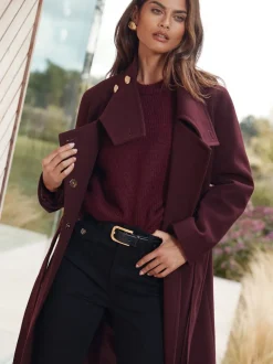 Bessenrood - Lipsy asymmetrische jas met trechterhals en riem