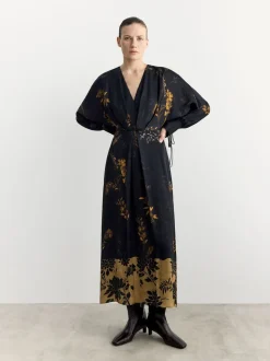 BHOEM Satin Floral Print Kimono Midi Black Dress