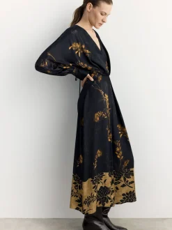 BHOEM Satin Floral Print Kimono Midi Black Dress