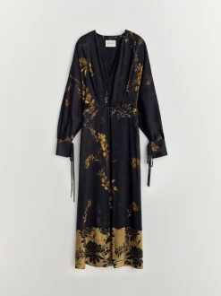 BHOEM Satin Floral Print Kimono Midi Black Dress