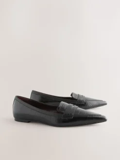 Black Croc Effect Embossed - Forever Comfort® Premium Leather Pointed Toe Loafers
