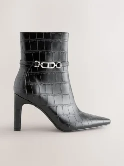 Black Croc Embossed - Forever Comfort® Hardware Trim Heeled Ankle Boots