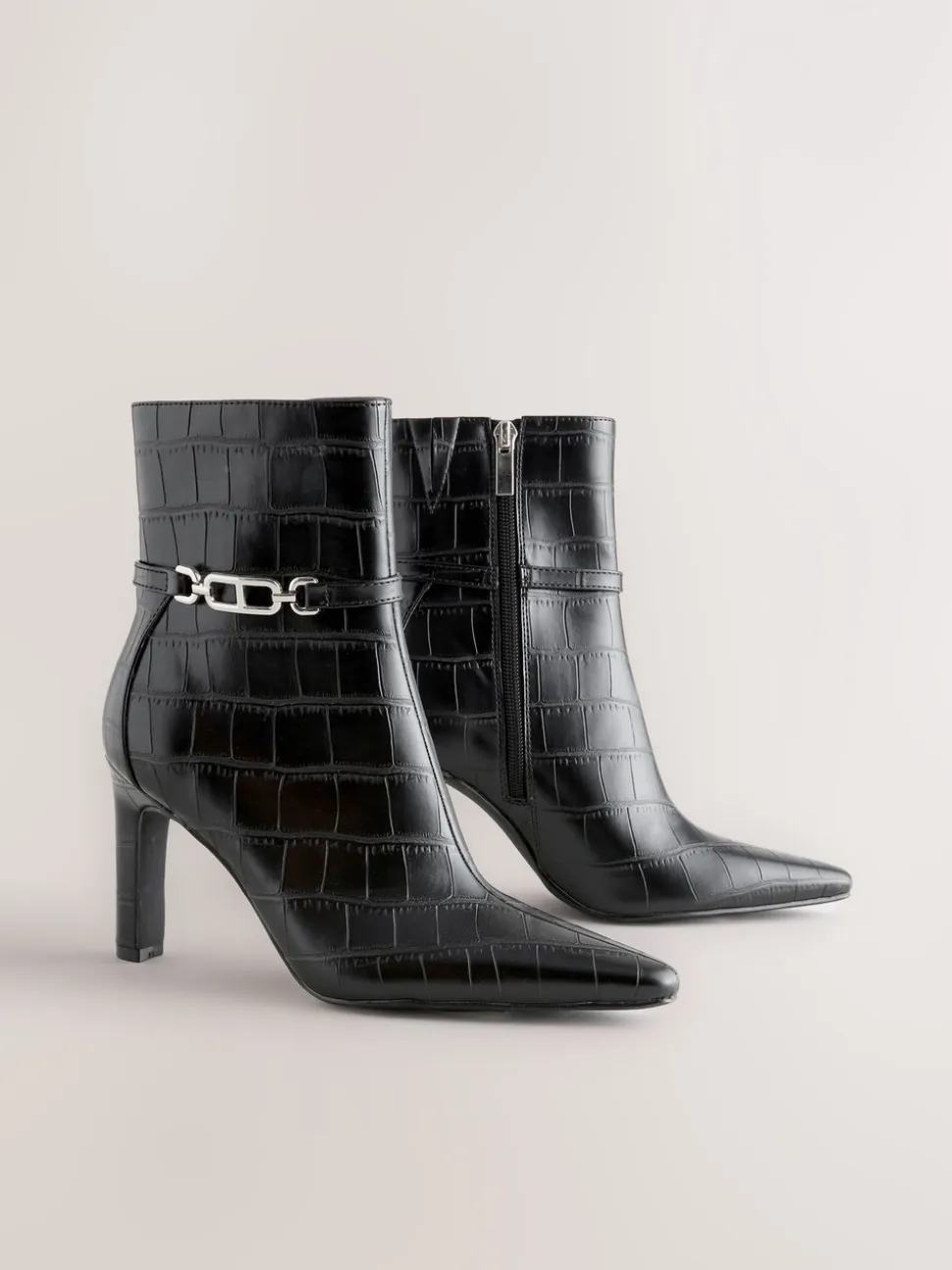 Black Croc Embossed - Forever Comfort® Hardware Trim Heeled Ankle Boots