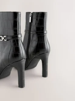 Black Croc Embossed - Forever Comfort® Hardware Trim Heeled Ankle Boots