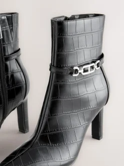 Black Croc Embossed - Forever Comfort® Hardware Trim Heeled Ankle Boots