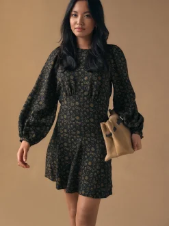 Black Croissant Print - Mini Long Sleeve A-Line Seam Detail Dress