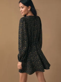 Black Croissant Print - Mini Long Sleeve A-Line Seam Detail Dress