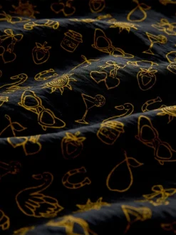 Black Croissant Print - Mini Long Sleeve A-Line Seam Detail Dress