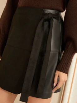 Black Faux Suede Mix - Love & Roses Faux Leather Wrap Mini Skirt