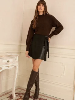 Black Faux Suede Mix - Love & Roses Faux Leather Wrap Mini Skirt