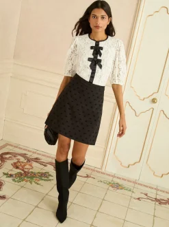 Black Flocked Bow Print - Love & Roses Mini Skirt