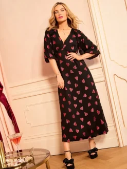 Black Heart Metallic - Love & Roses midi-jurk met V-hals en pofmouwen