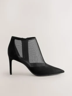 Black Mesh Detail - Pointed Toe T-Bar Ankle Boots