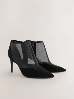 Black Mesh Detail - Pointed Toe T-Bar Ankle Boots