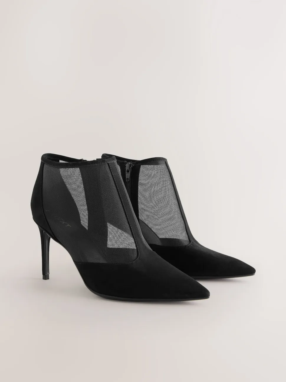 Black Mesh Detail - Pointed Toe T-Bar Ankle Boots